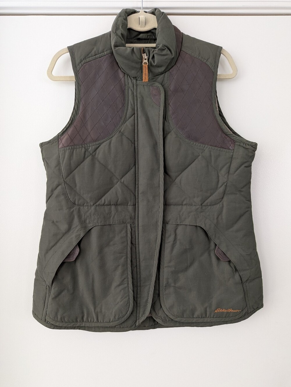 Eddie Bauer 1936 Skyliner Olive Quilted Vest With Leather Trim